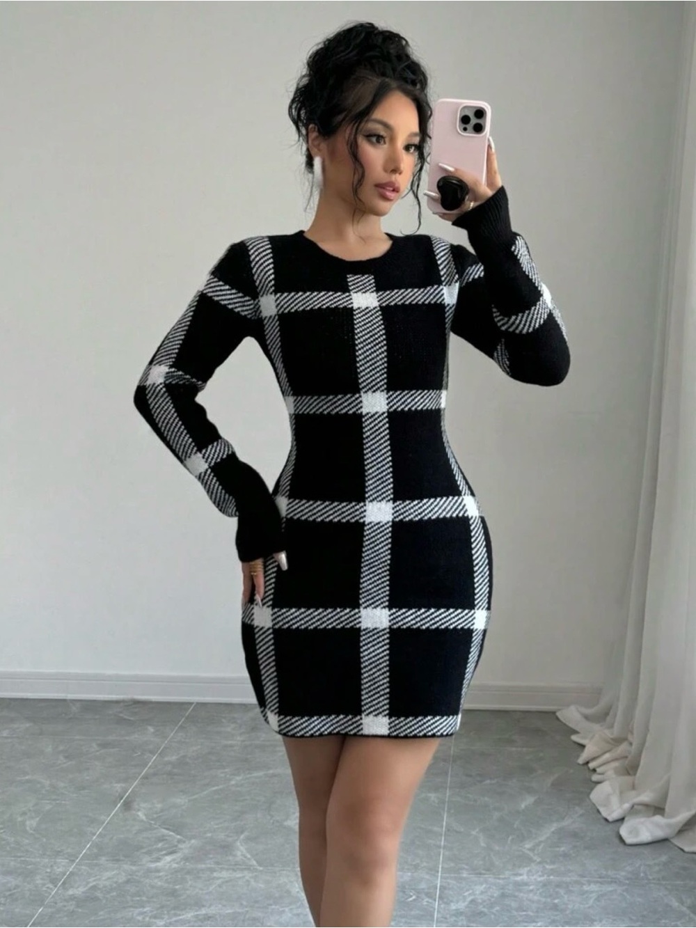 SHEIN Prive Black & White Plaid Knit Bodycon Mini Dress